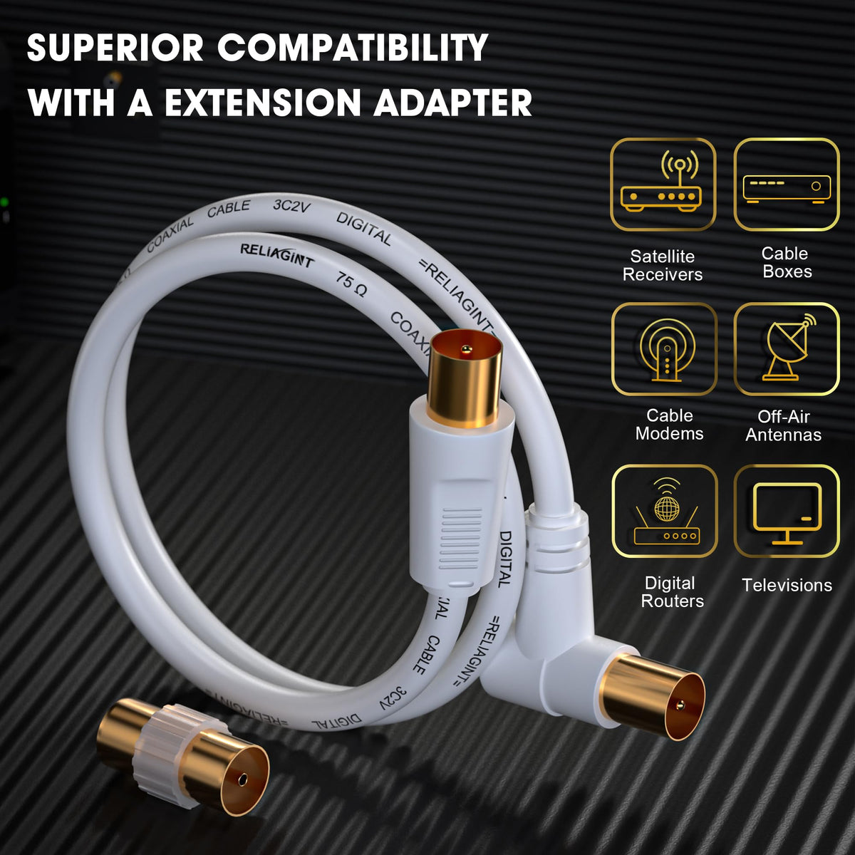 TV Aerial Cable 0.5m, 75 Ohm Coaxial Lead, IEC 9.5mm Male to Male 3C2V Pure Copper Dual Shielded, Right-Angle Connector, Female to Female Adaptor Included, Black