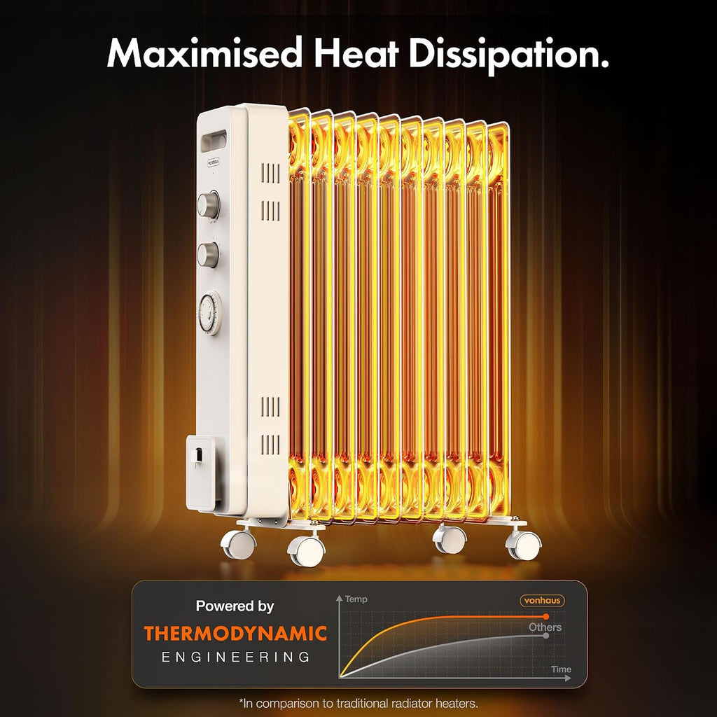 VonHaus Oil Filled Radiator 11 Fins – 2500W, 3 Heat Settings, 24 Hour Timer