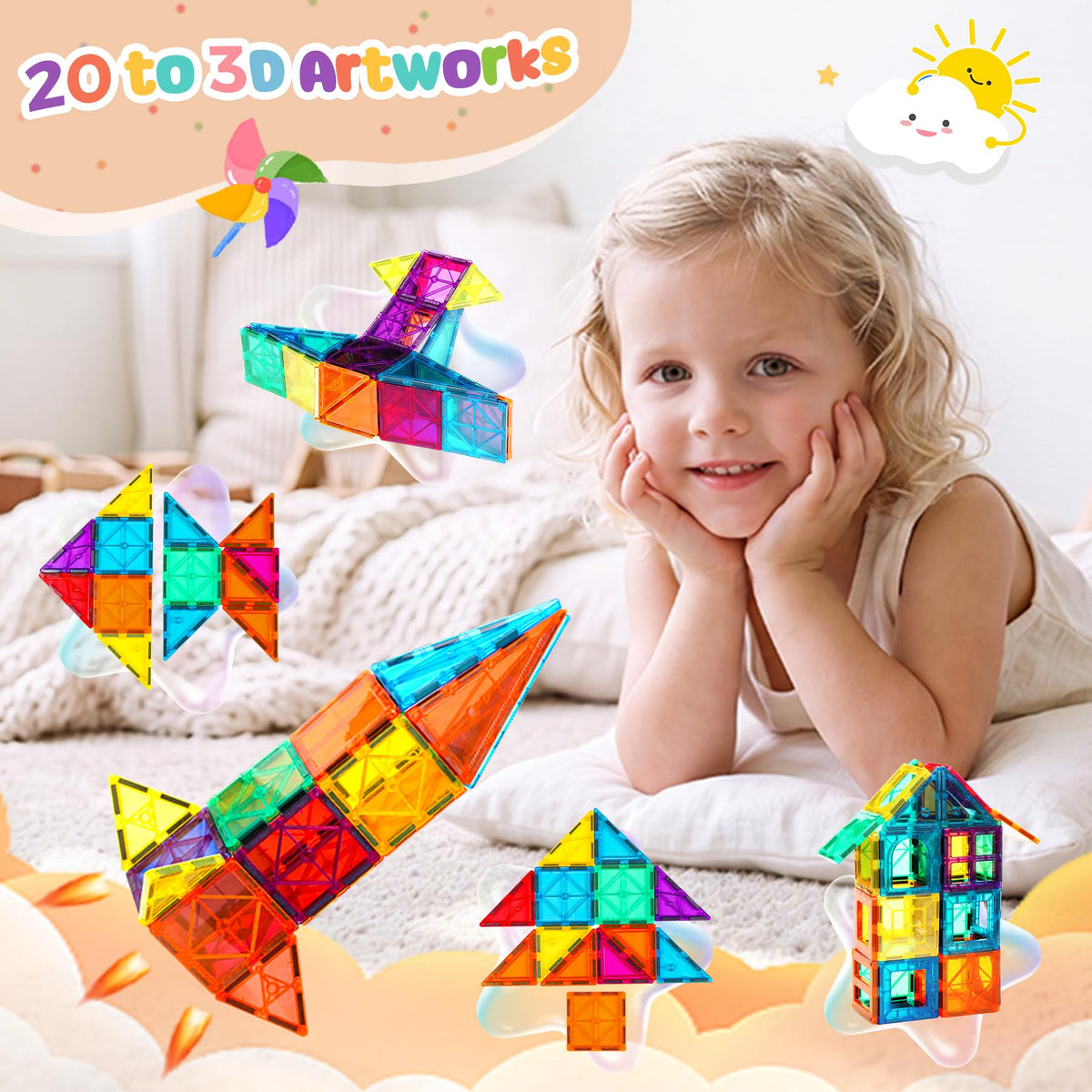 FNJO Mini Magnetic Tiles, 60PCS STEM Building Blocks Toy for Kids