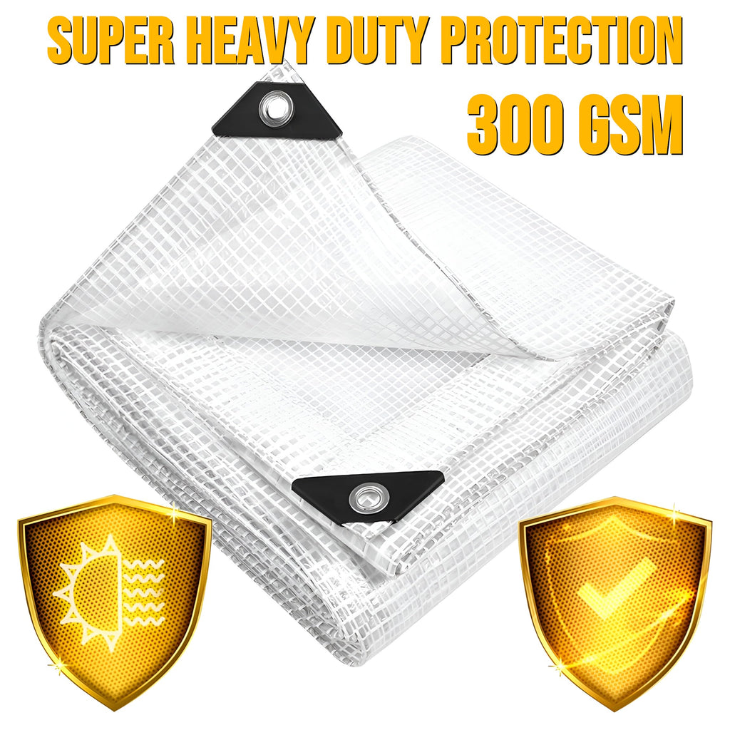 3m x 3m Clear Leno Tarpaulin - Heavy-Duty Waterproof 100 GSM Reinforced Transparent Tarp Sheet with Mesh Support, Rubber Strengthened Corners - UV‑Resistant Cover for Garden, Greenhouse, Groundsheet