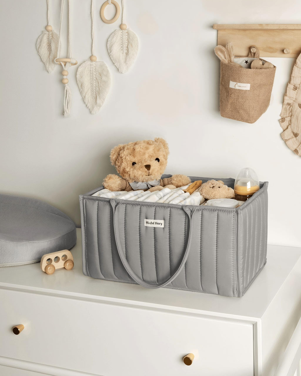 Blissful Diary Nappy Caddy Organiser, Baby Diaper Caddy for Nappy Station, Stylish Storage Basket for Newborn Essentials, Baby Shower Gifts for Girl or Boy, Sage Green