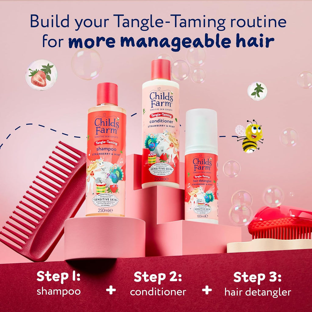 Childs Farm Tangle Taming Shampoo, Straight or Wavy Hair, Gentle and Tear Free, Strawberry and Mint, Kids, Baby, 250ml