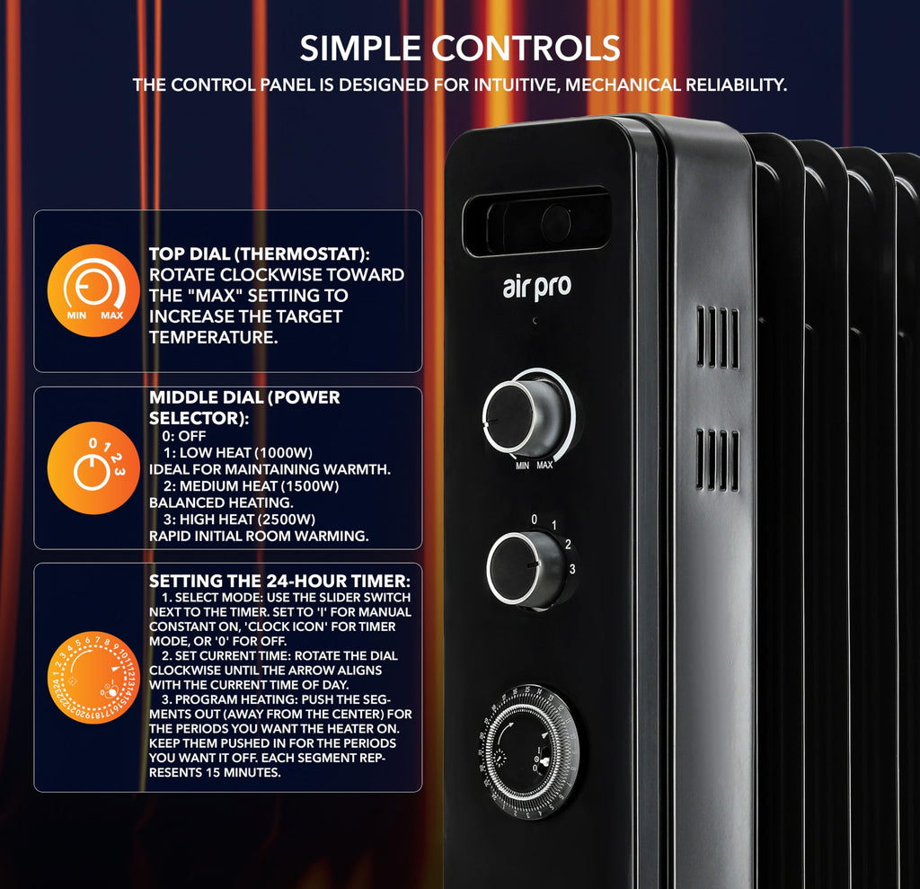 Air Pro Oil Filled Radiator 2500W with Thermostat & 24h Timer – 11 Fin Portable Electric Heater 3 Heat Settings, Overheat & Tip-Over Protection, Quiet for Home, Office and Any Room Radiator on Wheels