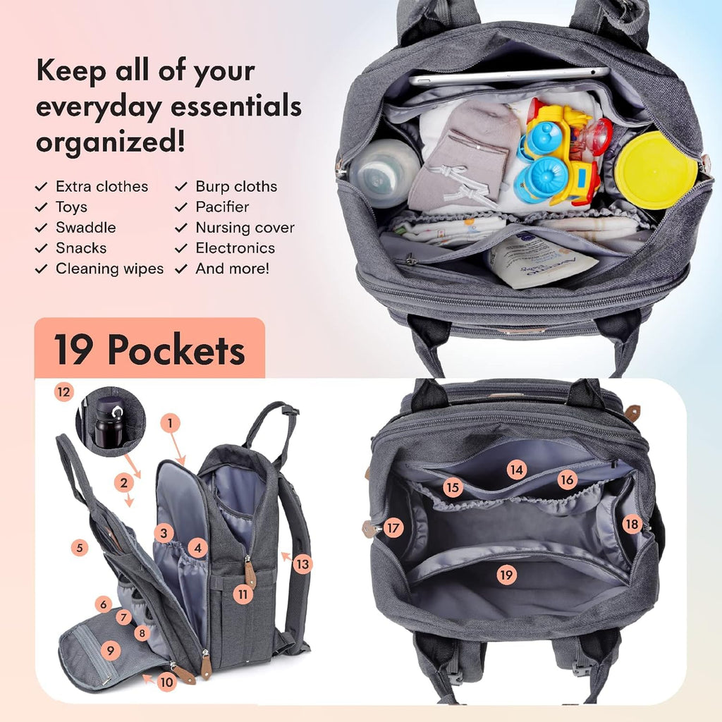 Dikaslon Baby Changing Bag Backpack, Large Nappy Back Pack Multifunction Baby Bags with Portable Changing Mat, Pacifier Holder, and Stroller Straps, for Mom and Dad