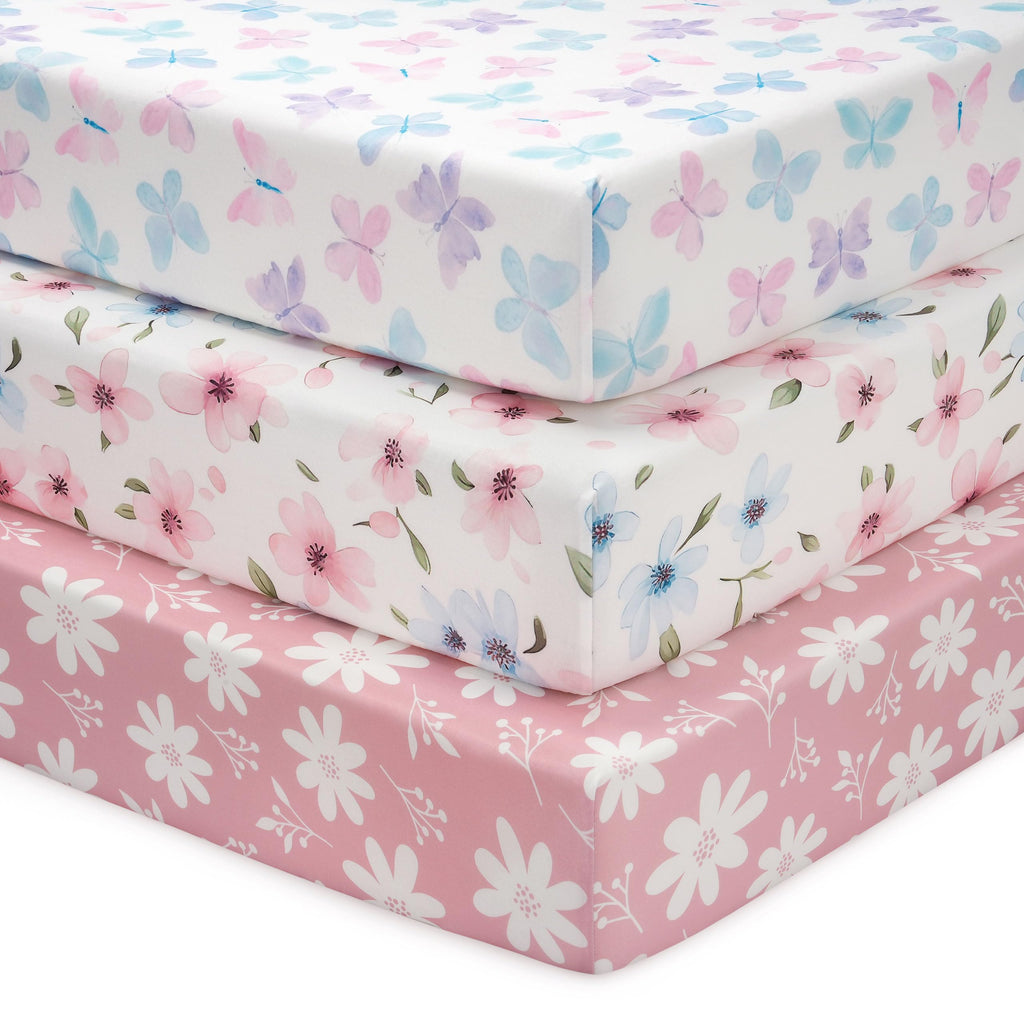 Next to Me Crib Sheets 85x51cm Fitted, 3 Pack Baby Cot Sheets, Ultral Soft & Silky Smooth Microfiber Bedside Crib Fitted Sheets Pink Rainbow