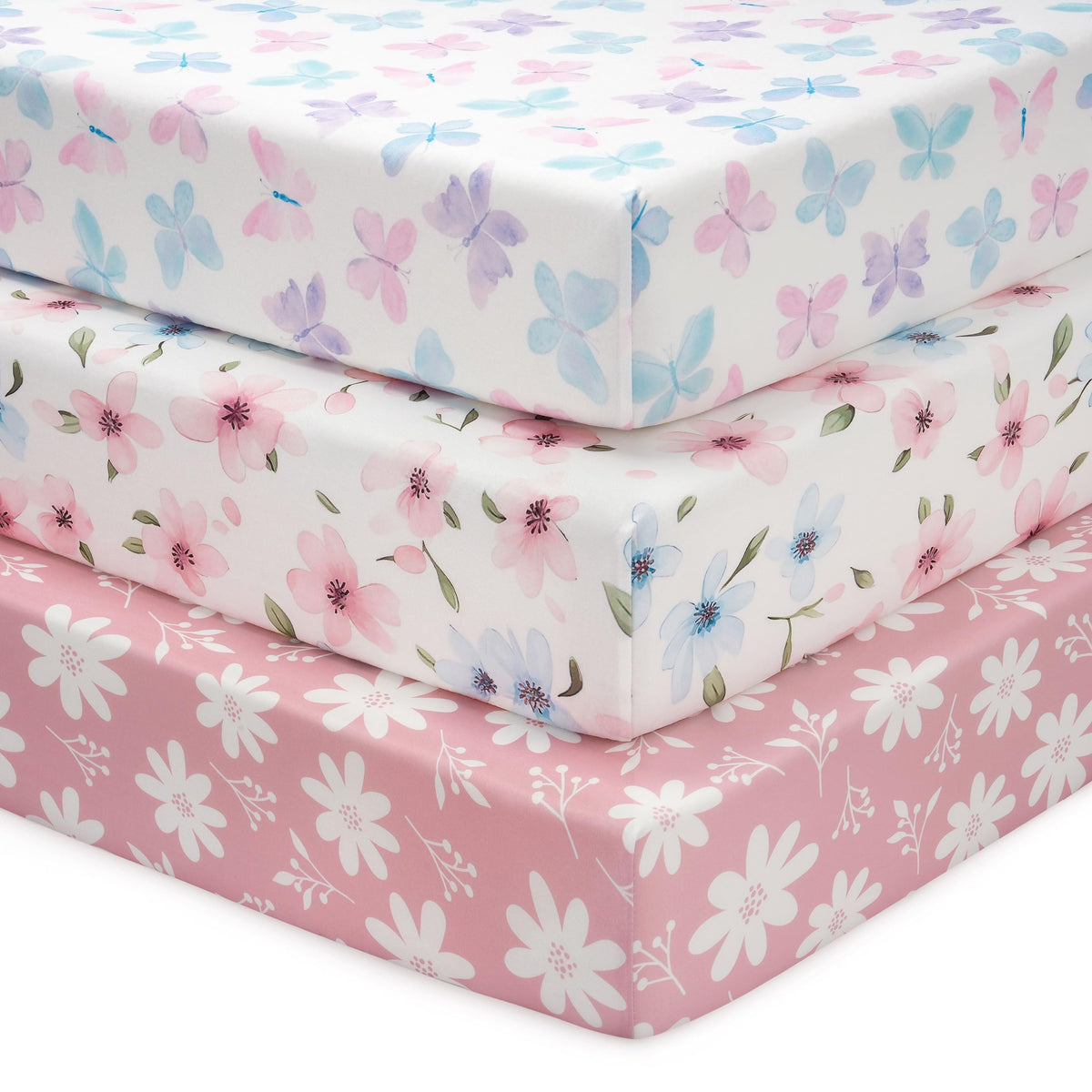 Next to Me Crib Sheets 85x51cm Fitted, 3 Pack Baby Cot Sheets, Ultral Soft & Silky Smooth Microfiber Bedside Crib Fitted Sheets Pink Rainbow