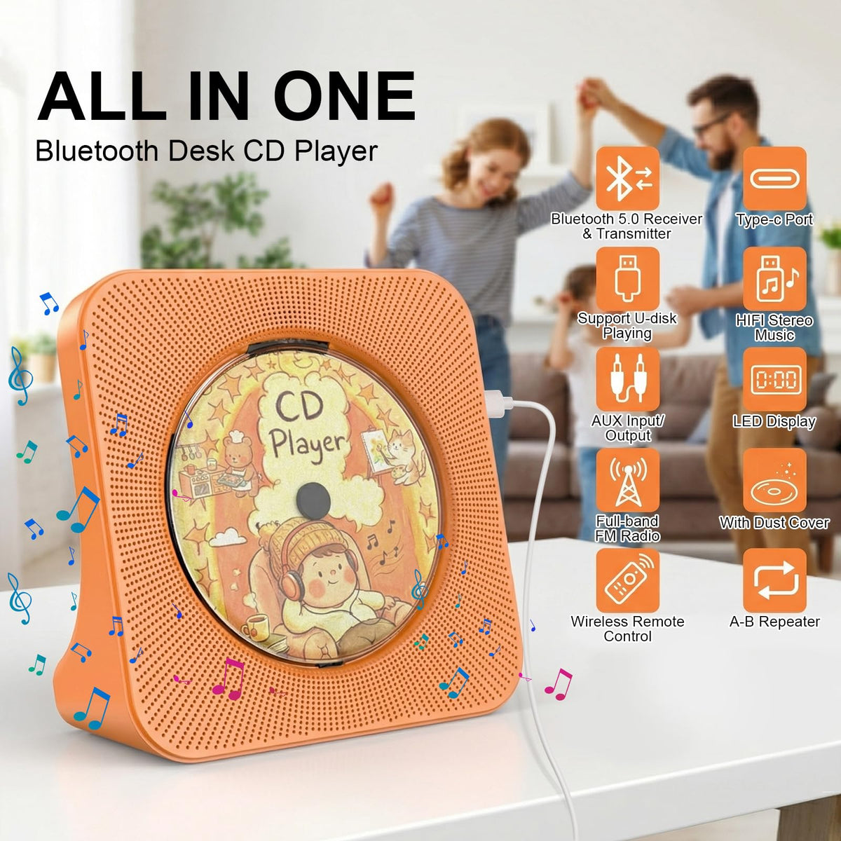 Portable CD Player with Bluetooth, Gueray Desktop CD Players for Home, Bulit-in Double HiFi Speakers, AUX&Headphone Jack, FM Radio Boombox with Remote Control, USB Port,LCD Display (White)