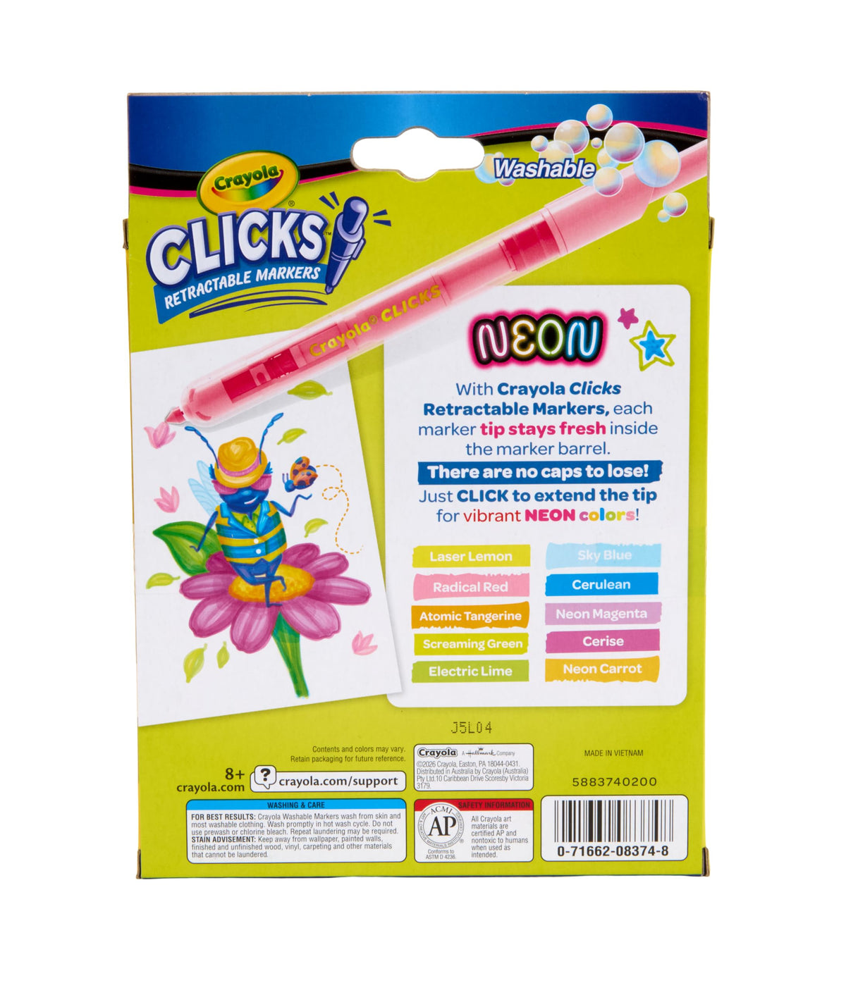 Crayola Clicks Retractable Tip Markers (10ct), Washable Cone Tip Art Marker Set, Cute Aesthetic School Supplies, Classroom Must Haves, Ages 8+