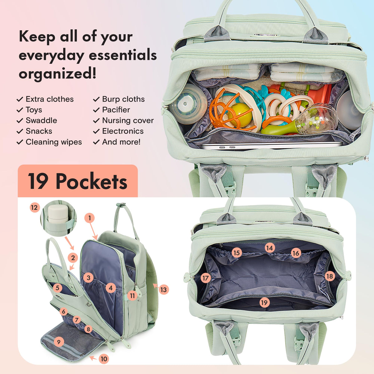 Dikaslon Baby Changing Bag Backpack, Large Nappy Back Pack Multifunction Baby Bags with Portable Changing Mat, Pacifier Holder, and Stroller Straps, for Mom and Dad
