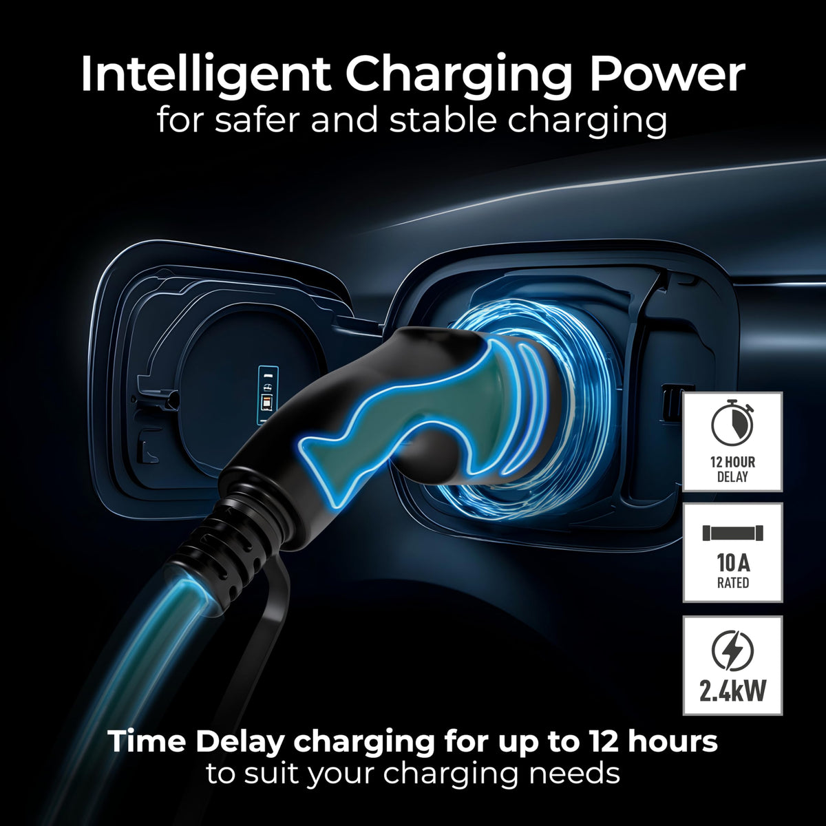Masterplug EV Charging Cable for Electric and Hybrid Vehicles, 10 Metres, Mode 2, Delay Charging Function, 3 Pin UK Plug to Type 2 Car Charger, Language Options, 2.4kW, EVCM221010-MP2