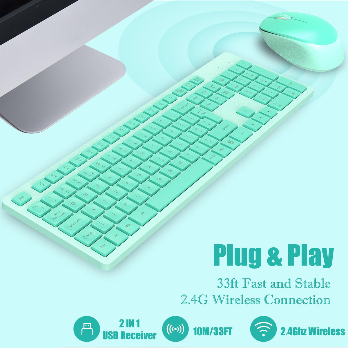 LeadsaiL Wireless Keyboard and Mouse Set, 2.4GHz USB Computer Keyboards and Mouse Combo, Ergonomic Design with 12 Multimedia Shortcuts for HP/Lenovo Laptop and Mac-Pink