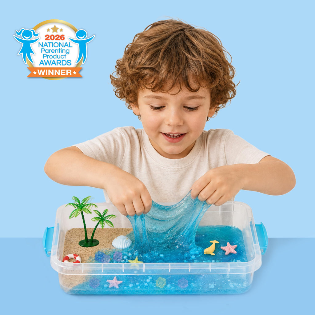 JOVA Klever Kits Construction Sensory Bin for Kids with Glow in The Dark Stones, Sandbox with Lid Castle Building kit, Preschool Learning Activities Gifts for Boys Girls Age 3+
