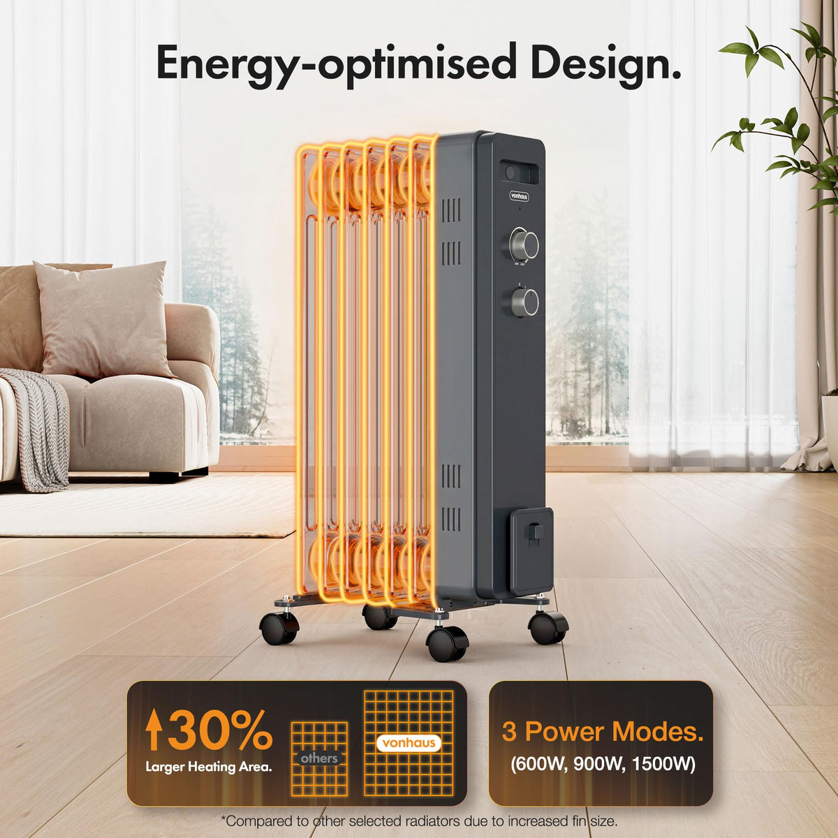 VonHaus Oil Filled Radiator 11 Fins – 2500W, 3 Heat Settings, 24 Hour Timer