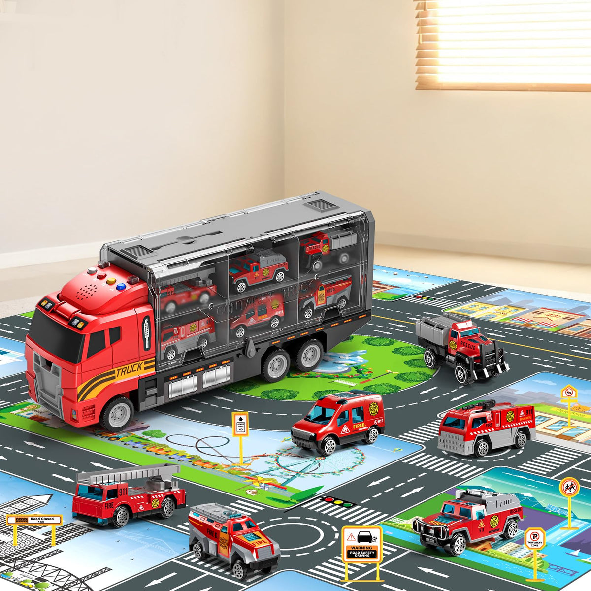 NIPLOOOW Kids Boys Construction Truck Vehicle Toy Set with Play Mat and Die-Cast Toy Car, Transport Carrier Truck for Kids 3-5, Birthday Gifts Toys for 3-8 Year Old Boys