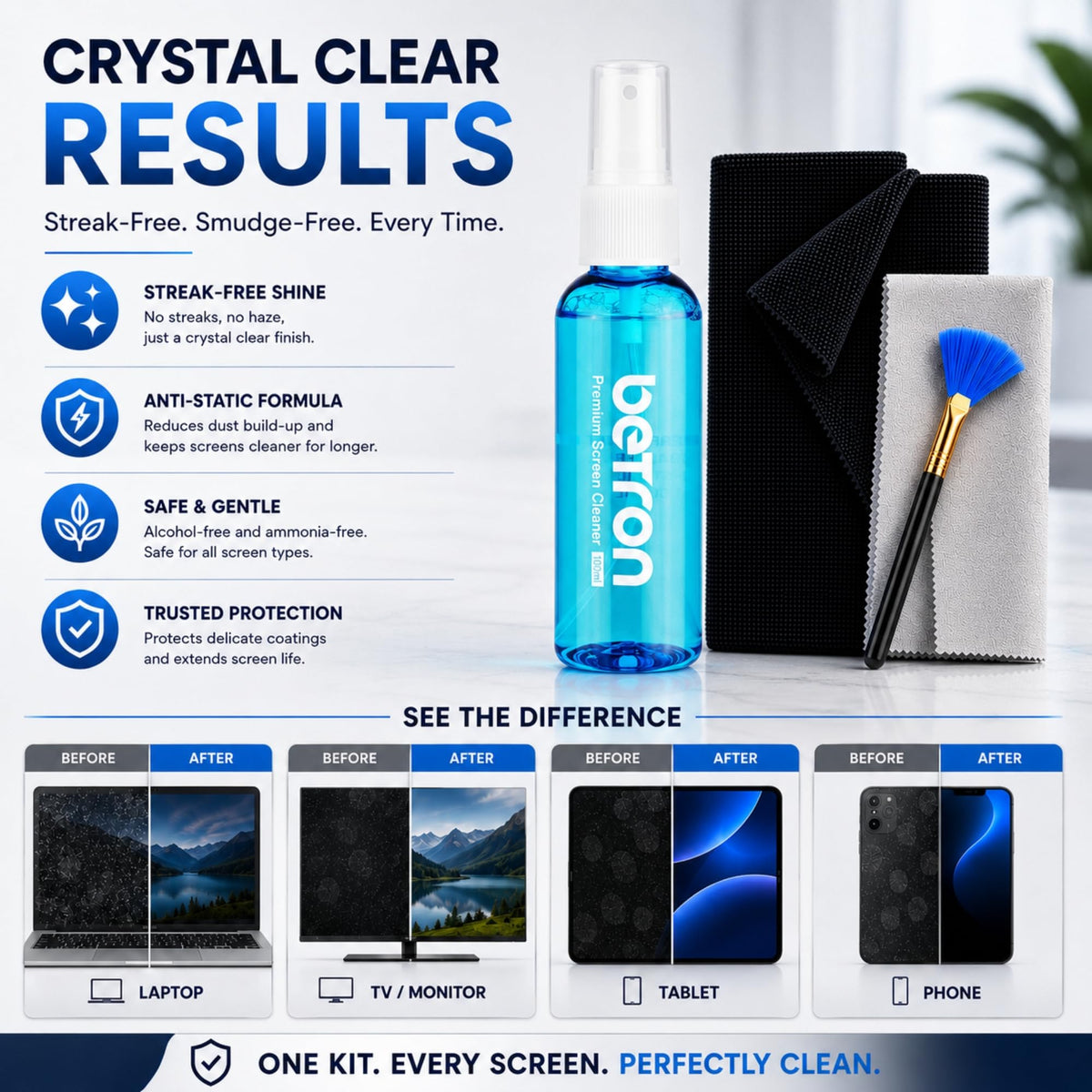 Betron Screen Cleaner Spray Kit with Cloth for TV, Laptop, Monitor, 500ml