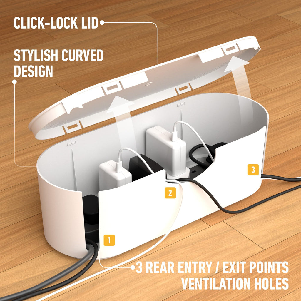 D-Line Cable Tidy Box, Hide Extension Blocks, Desk Cable Management, Organise TV Cables - 415mm (L) x 165mm (W) x 135mm (H) - Large, White