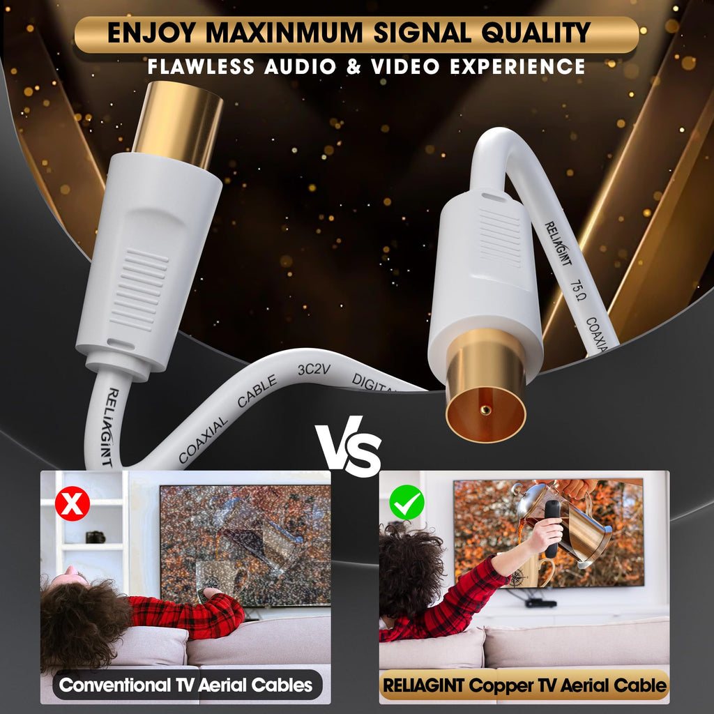 TV Aerial Cable 0.5m, 75 Ohm Coaxial Lead, IEC 9.5mm Male to Male 3C2V Pure Copper Dual Shielded, Right-Angle Connector, Female to Female Adaptor Included, Black