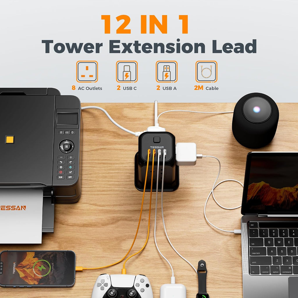 TESSAN 8 Way Black Tower Extension Lead 2M with 4 USB Slots (2 USB C)