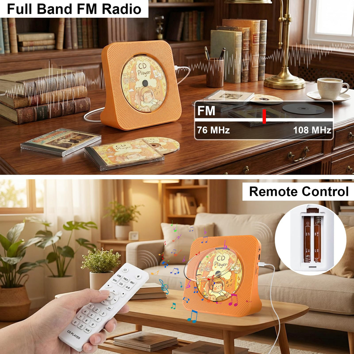 Portable CD Player with Bluetooth, Gueray Desktop CD Players for Home, Bulit-in Double HiFi Speakers, AUX&Headphone Jack, FM Radio Boombox with Remote Control, USB Port,LCD Display (White)