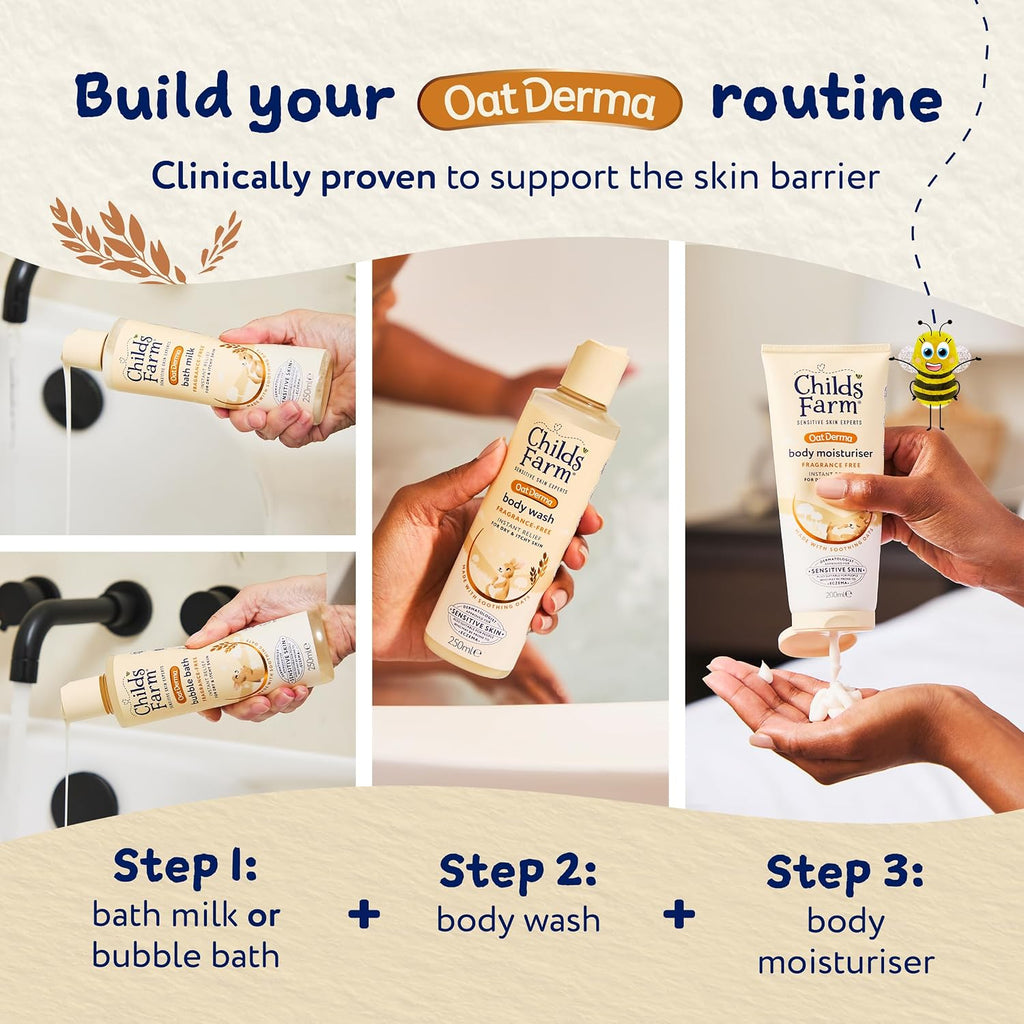 Childs Farm OatDerma Body Wash, Fragrance Free, Soothing Face Bath Shower Gel, Sensitive Skin Soap, Baby Kids, 250ml