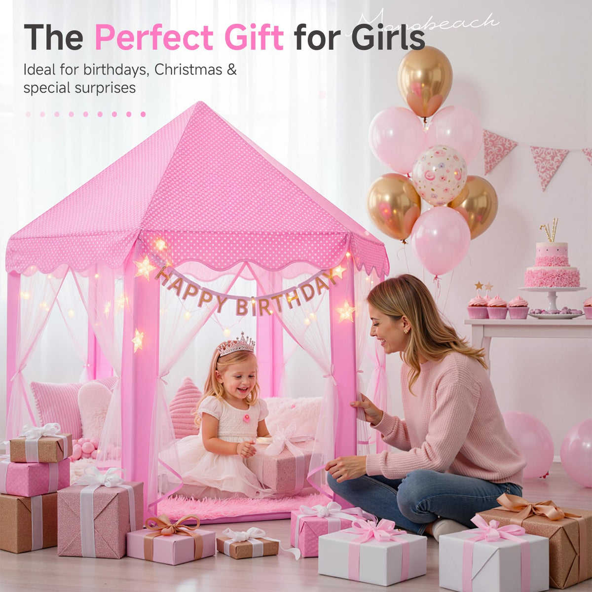 Monobeach Princess Tent Girls Large Playhouse Kids Castle Play Tent with Star Lights Toy for Children Indoor and Outdoor Games, 55'' x 53'' (DxH)
