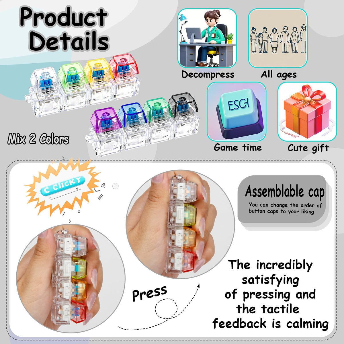 2 PCS Keyboard Fidget Toy, Keyboard Fidget Keychain 4-in-1 Keyboard Decompression Button Finger Clicker Toys (Pink Yellow White Green, General)