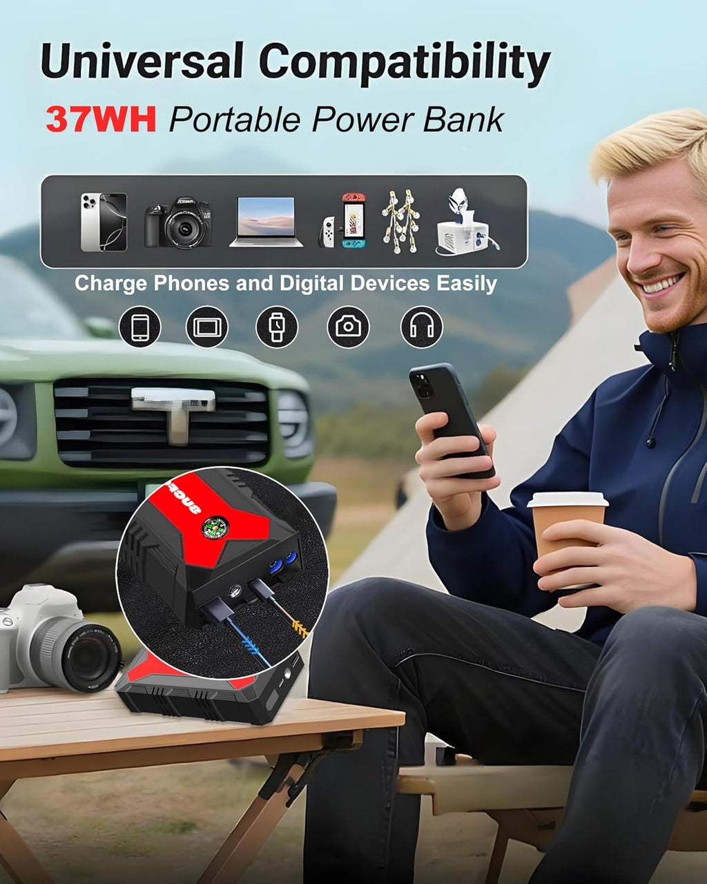 Jump Starter Power Pack, 4000A Car Battery Booster Jump Starter for 12V Vehicles and Motorbikes (9.0L Petrol or 8.5L Diesel), Car Jumper Starter Power Bank with Jump Leads, LED Light/USB QC3.0 (Red)