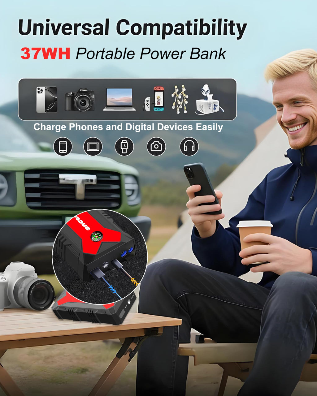 Jump Starter Power Pack, 4000A Car Battery Booster Jump Starter for 12V Vehicles and Motorbikes (9.0L Petrol or 8.5L Diesel), Car Jumper Starter Power Bank with Jump Leads, LED Light/USB QC3.0 (Red)