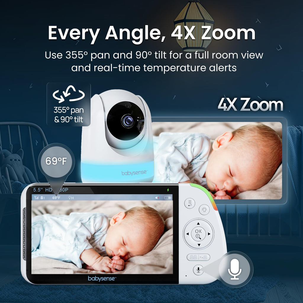 Babysense Prisma Baby Monitor with Camera and Night Vision, 5” HD Video Baby Monitor, 6-Color Night Light, Split Screen, Baby Sound Machine with White Noise & Lullabies, Secure No WiFi
