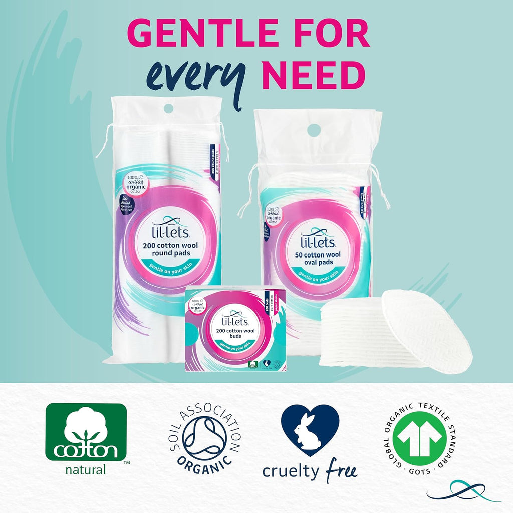Lil-Lets Cotton Wool Oval Pads, 50 Count, Certified Organic, 100% Pure Cotton Wool, Extra Large, Soft and Absorbent, Gentle on Skin, Dermatologically Tested