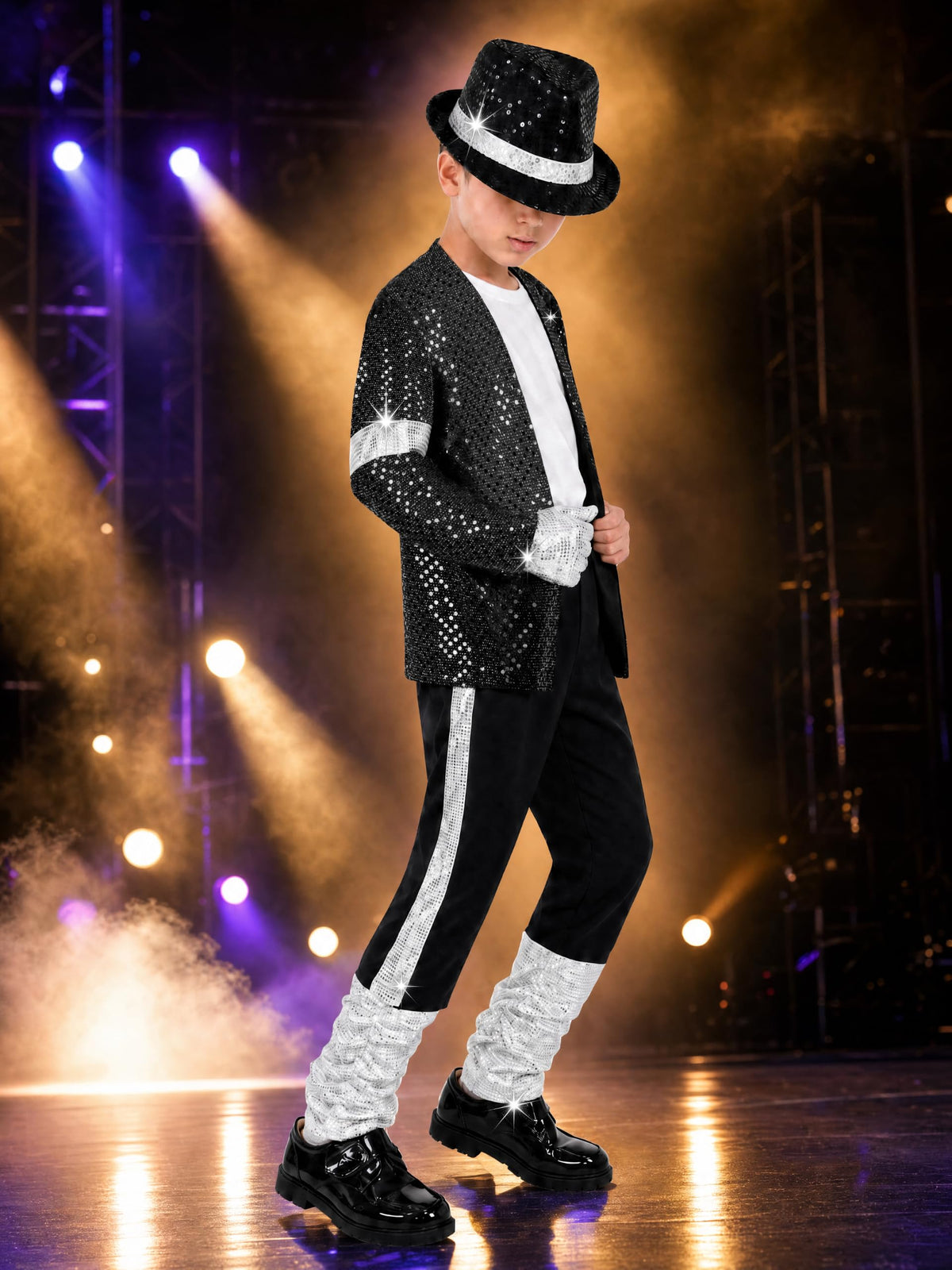 Disco Costume Kids 80s Sequin Pop King Dance Star Halloween Party Cosplay Outfit for Boys