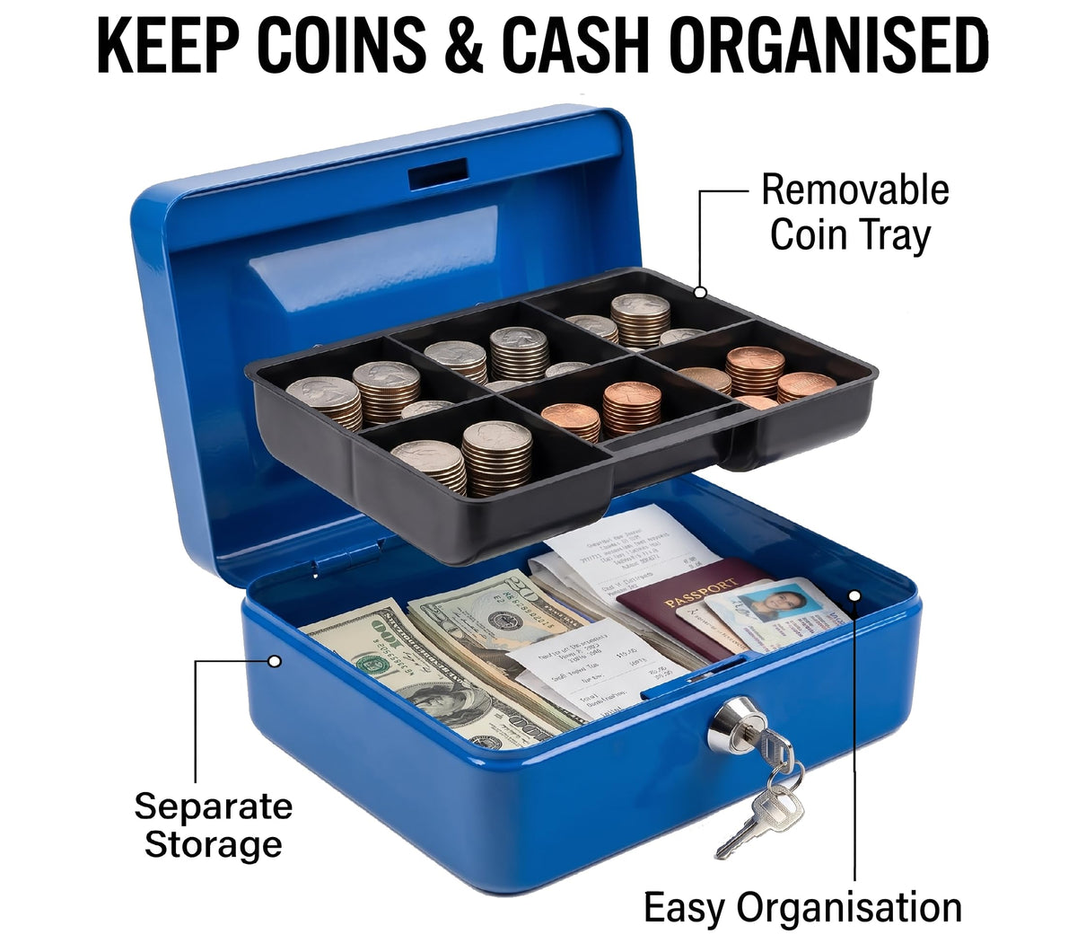 Requisite Needs Metal Money Box Tin 6" Steel Cash Safe Box Petty Cash Deposit Tin with Lock 2 Keys for Security (BLACK)