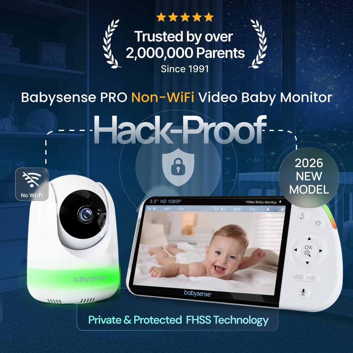 Babysense Prisma Baby Monitor with Camera and Night Vision, 5” HD Video Baby Monitor, 6-Color Night Light, Split Screen, Baby Sound Machine with White Noise & Lullabies, Secure No WiFi