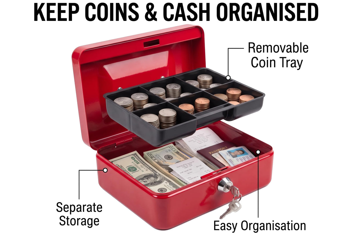 Requisite Needs Metal Money Box Tin 6" Steel Cash Safe Box Petty Cash Deposit Tin with Lock 2 Keys for Security (BLACK)