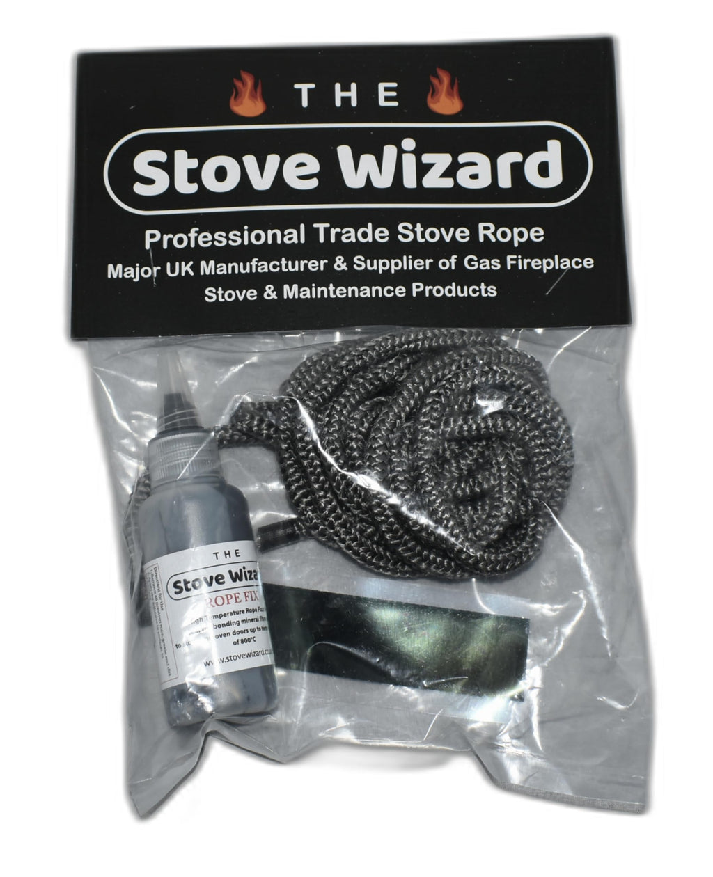 Stove Rope Kit 10mm x 2.5m Black 50ml Glue 100mm Tape