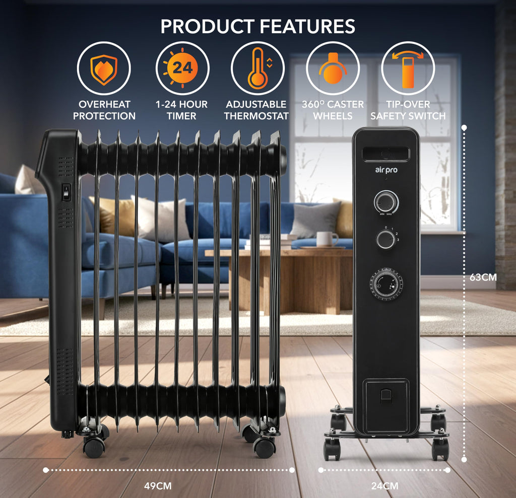 Air Pro Oil Filled Radiator 2500W with Thermostat & 24h Timer – 11 Fin Portable Electric Heater 3 Heat Settings, Overheat & Tip-Over Protection, Quiet for Home, Office and Any Room Radiator on Wheels