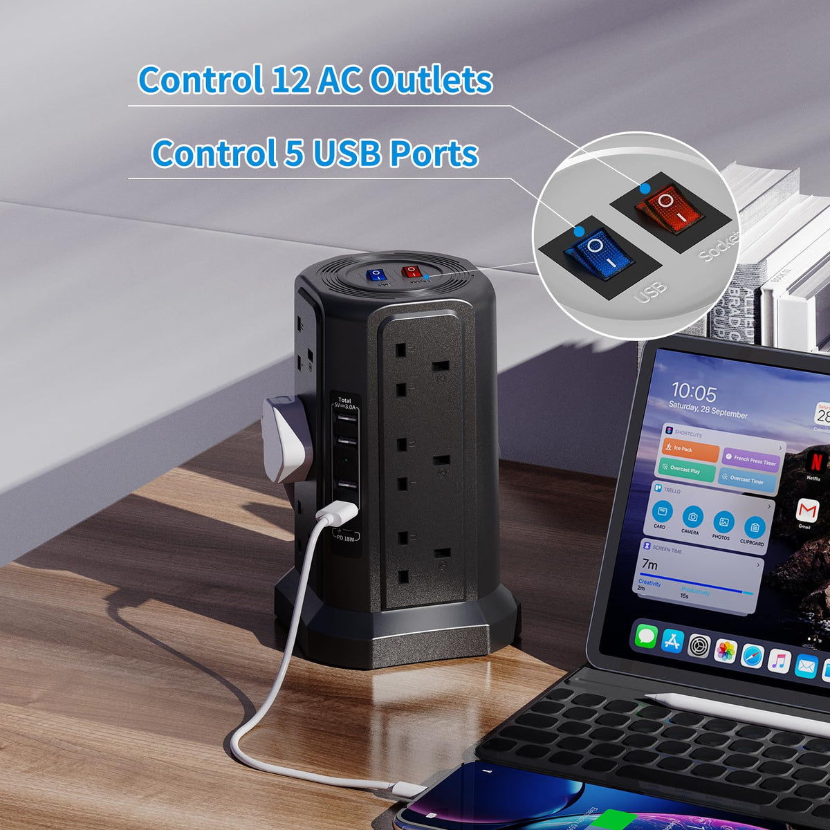 HAFINO Tower Extension Lead with USB Slots, PD18W USB C Fast Charger, 1.8M