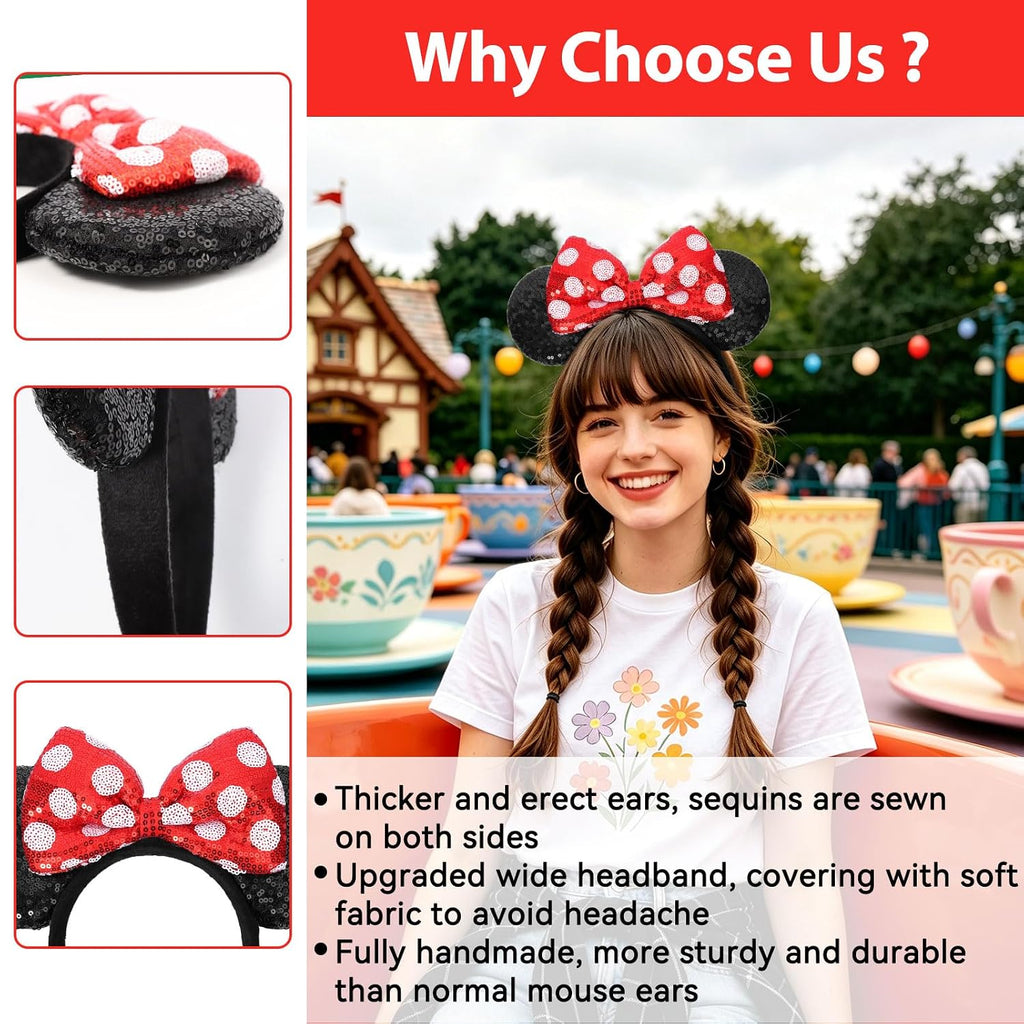 UNSPAZ Mouse Ears Headbands, Sequin Mouse Ears for Women Girls Boys, Shiny Bow Headband for Cosplay Costume Party Decorations Hair Accessories (Polka Dots)