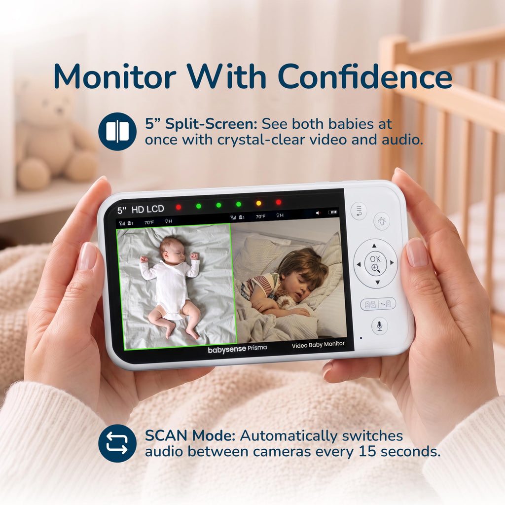 Babysense Prisma Baby Monitor with Camera and Night Vision, 5” HD Video Baby Monitor, 6-Color Night Light, Split Screen, Baby Sound Machine with White Noise & Lullabies, Secure No WiFi
