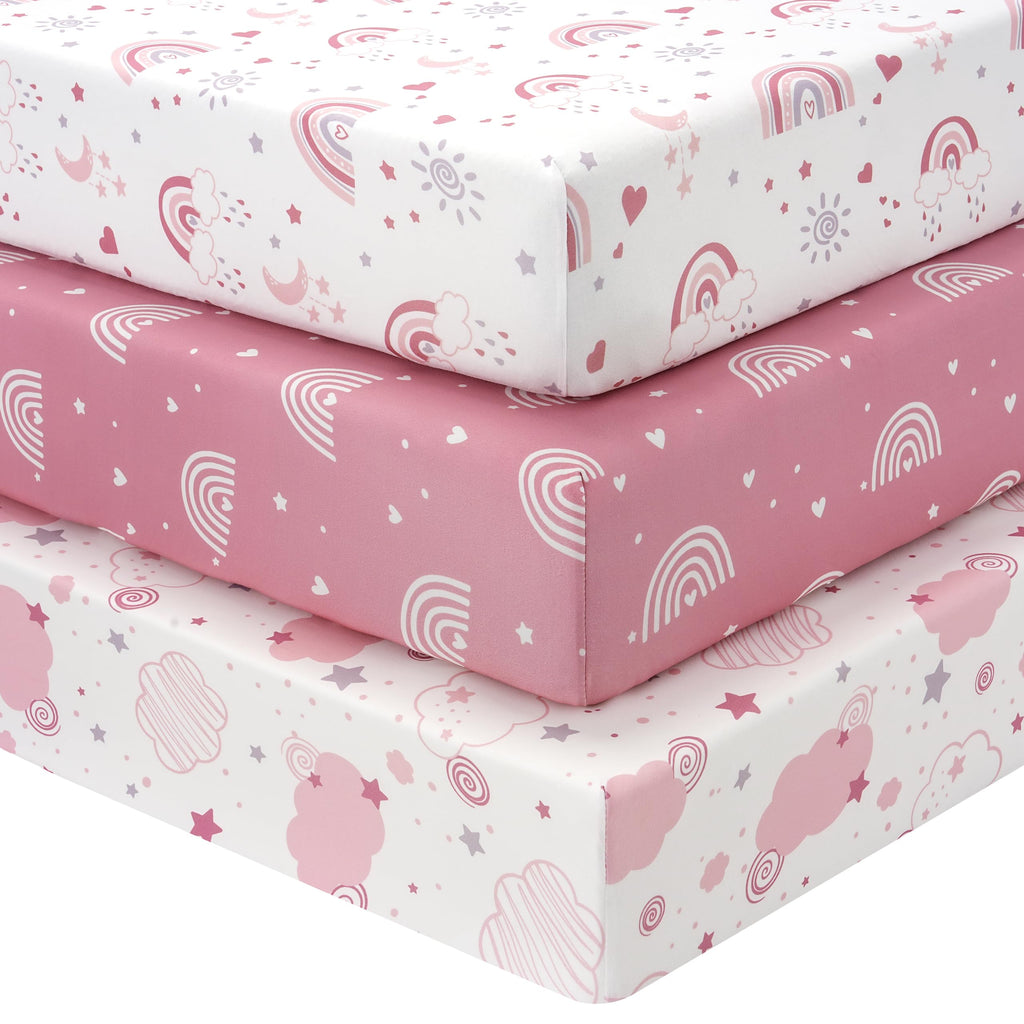 Next to Me Crib Sheets 85x51cm Fitted, 3 Pack Baby Cot Sheets, Ultral Soft & Silky Smooth Microfiber Bedside Crib Fitted Sheets Pink Rainbow