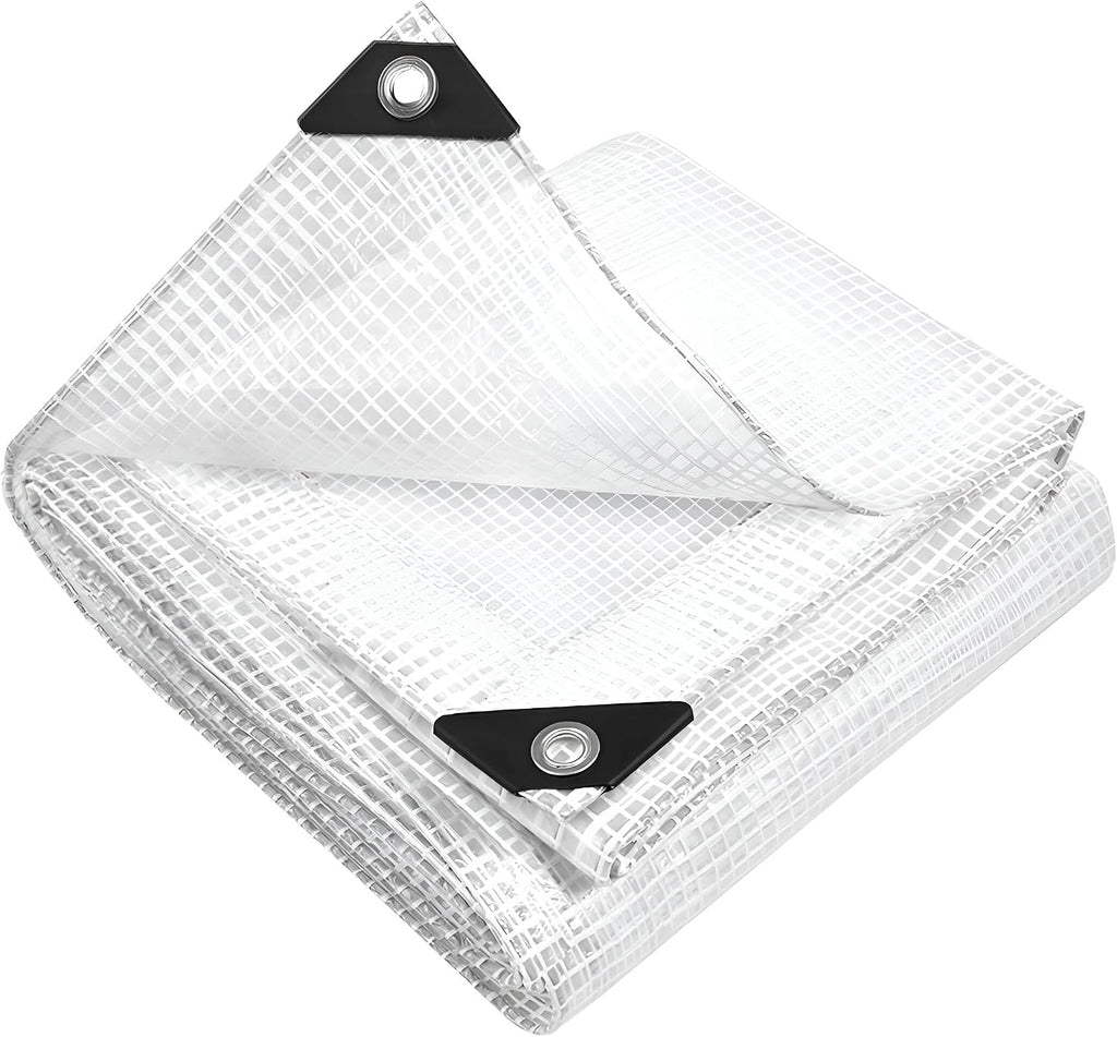 3m x 3m Clear Leno Tarpaulin - Heavy-Duty Waterproof 100 GSM Reinforced Transparent Tarp Sheet with Mesh Support, Rubber Strengthened Corners - UV‑Resistant Cover for Garden, Greenhouse, Groundsheet
