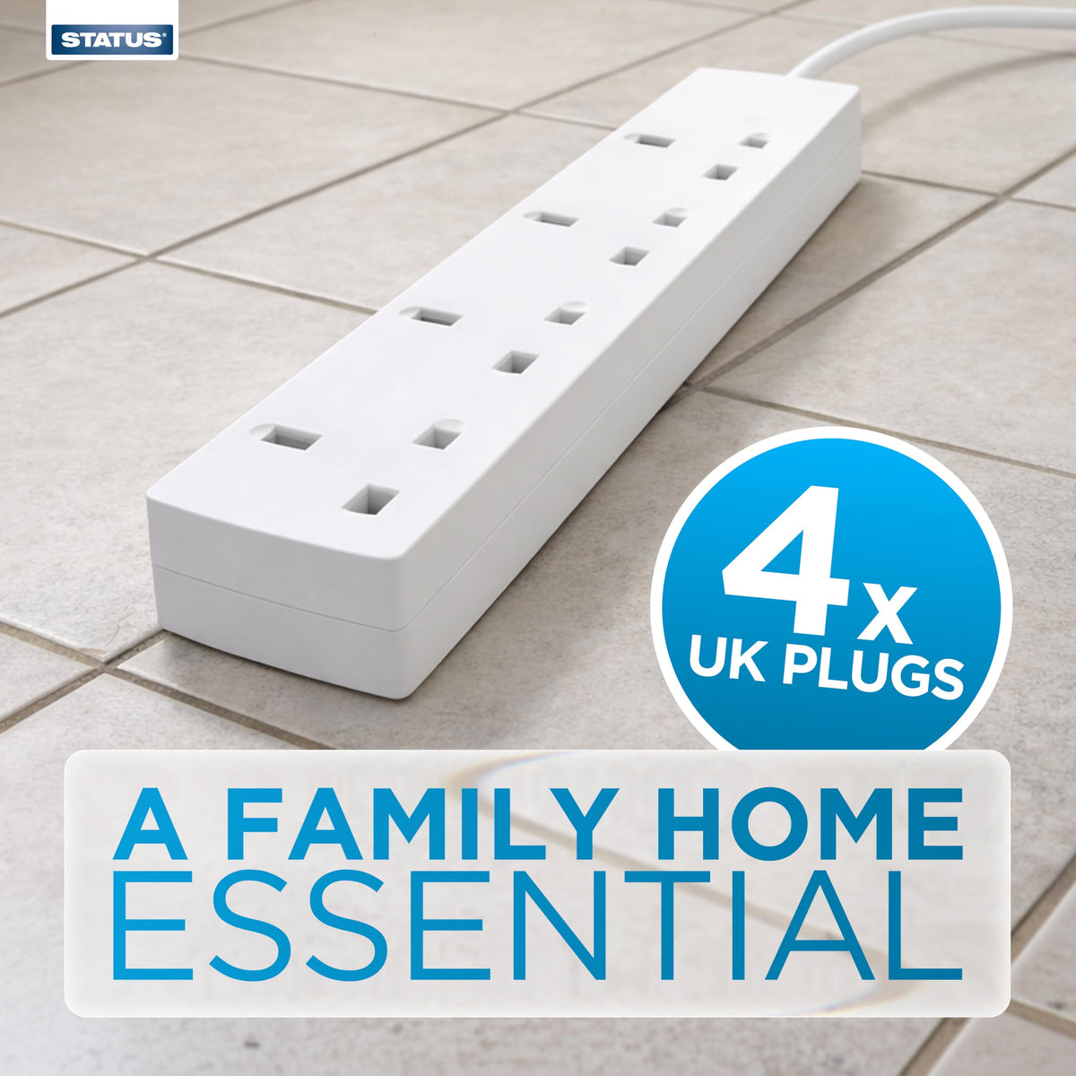 STATUS 4 Socket Extension Lead, 2m Black 13A Power Strip for Home or Office Use (S4W2MBL1PK4)