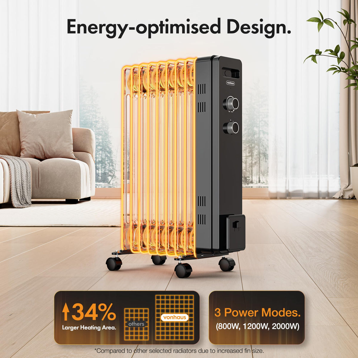 VonHaus Oil Filled Radiator 11 Fins – 2500W, 3 Heat Settings, 24 Hour Timer