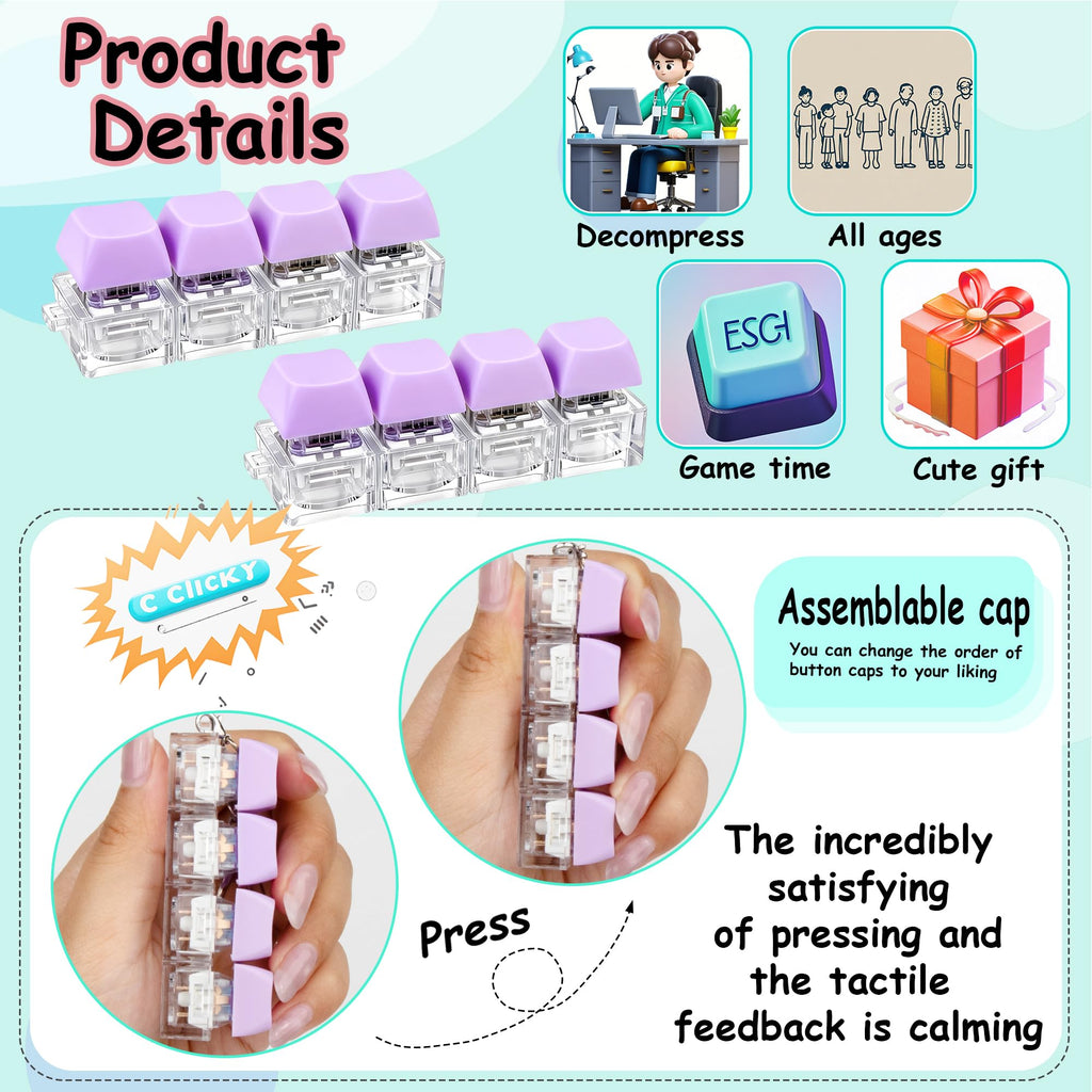 2 PCS Keyboard Fidget Toy, Keyboard Fidget Keychain 4-in-1 Keyboard Decompression Button Finger Clicker Toys (Pink Yellow White Green, General)
