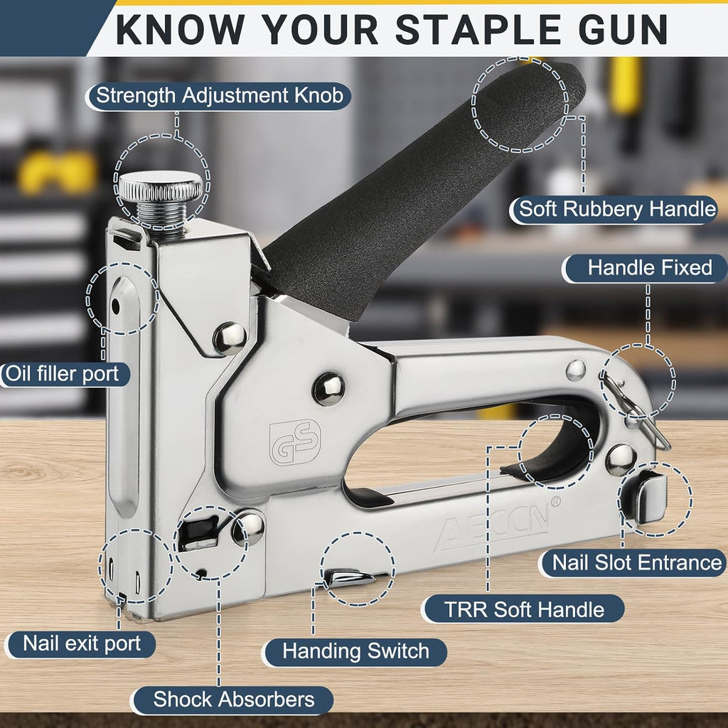 AECCN 3-in-1 Heavy Duty Staple Gun for Wood & Furniture, and DIY, Silver