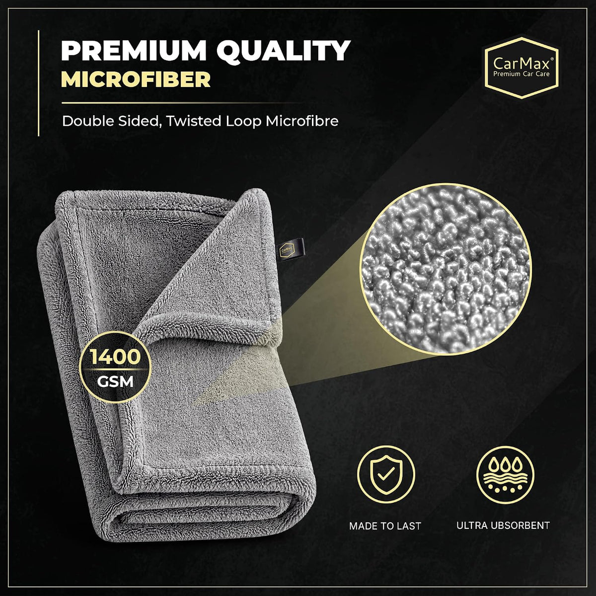 CarMax® - Original XXL Twisted Loop Car Drying Towel - Double-Sided - 90cm x 60cm 1400gsm Microfibre for fast streak-free drying and detailing