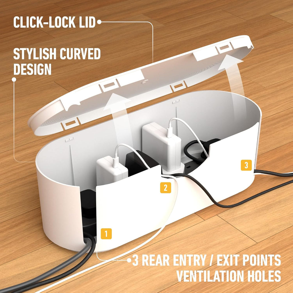 D-Line Cable Tidy Box, Hide Extension Blocks, Desk Cable Management, Organise TV Cables - 415mm (L) x 165mm (W) x 135mm (H) - Large, White