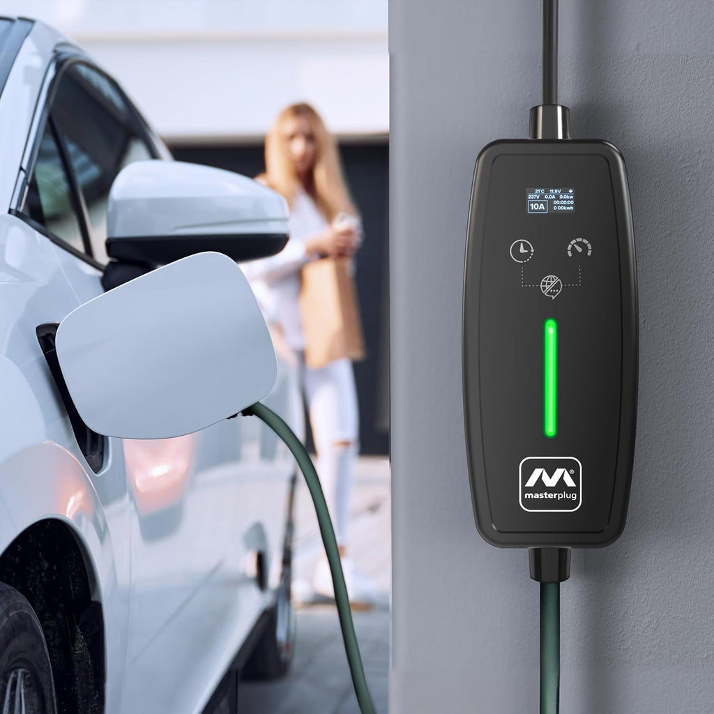 Masterplug EV Charging Cable for Electric and Hybrid Vehicles, 10 Metres, Mode 2, Delay Charging Function, 3 Pin UK Plug to Type 2 Car Charger, Language Options, 2.4kW, EVCM221010-MP2
