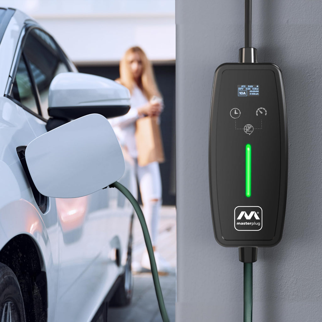 Masterplug EV Charging Cable for Electric and Hybrid Vehicles, 10 Metres, Mode 2, Delay Charging Function, 3 Pin UK Plug to Type 2 Car Charger, Language Options, 2.4kW, EVCM221010-MP2