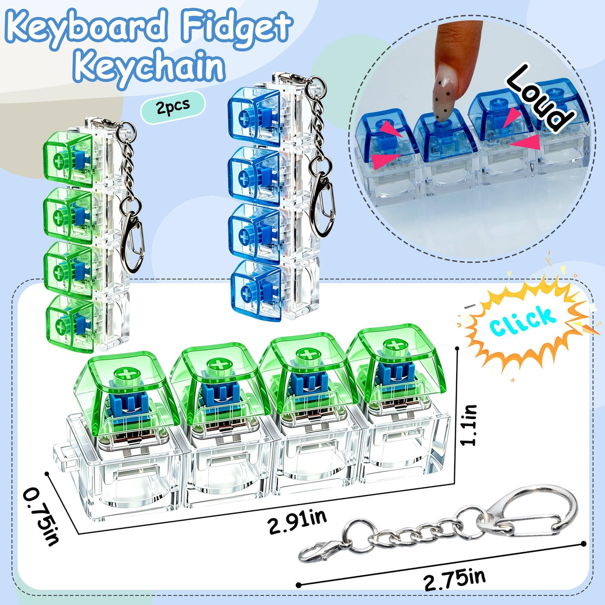 2 PCS Keyboard Fidget Toy, Keyboard Fidget Keychain 4-in-1 Keyboard Decompression Button Finger Clicker Toys (Pink Yellow White Green, General)